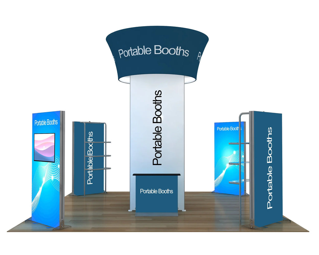 20 x 20 Exhibit With Center Tower and Four Light Boxes Portable Booths