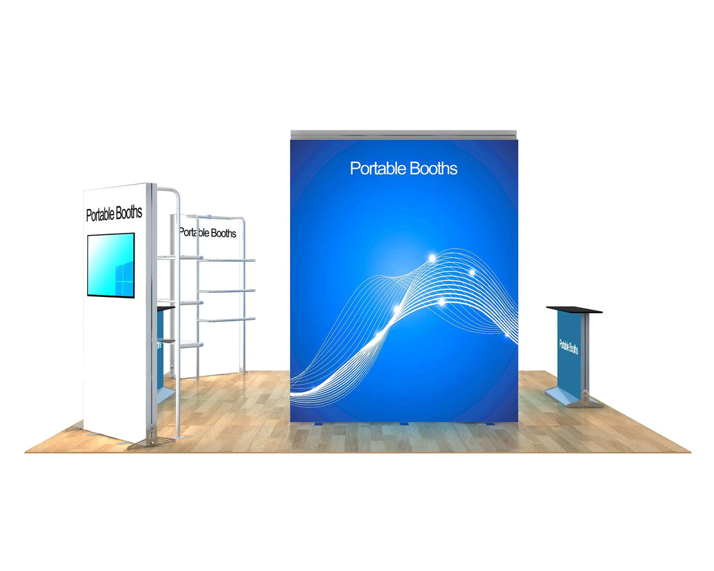 20 x 20 Backlit Exhibit With Canopy and Shelf Modules Portable Booths